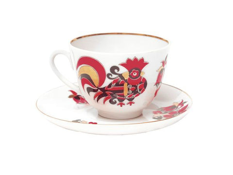 Cup & Saucer Red Roosters 1/2